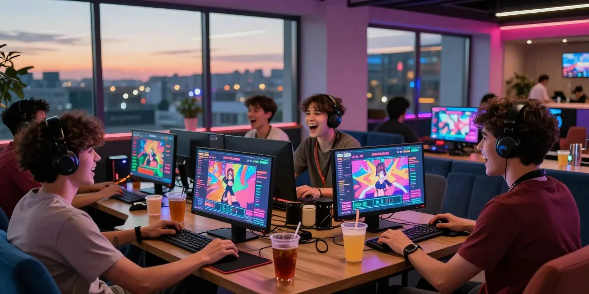 Excited group playing html ecchi games in a vibrant setting, showcasing interactive adult gaming culture.