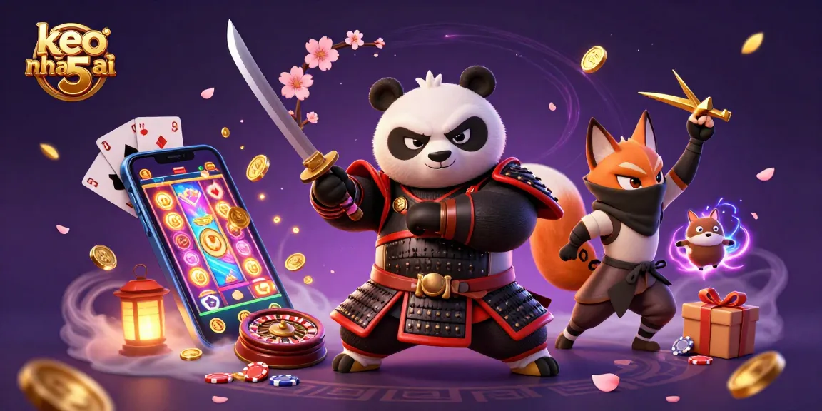 Engage with keo nha cai 5 through an action-packed scene featuring samurai, ninja, and mystical elements.