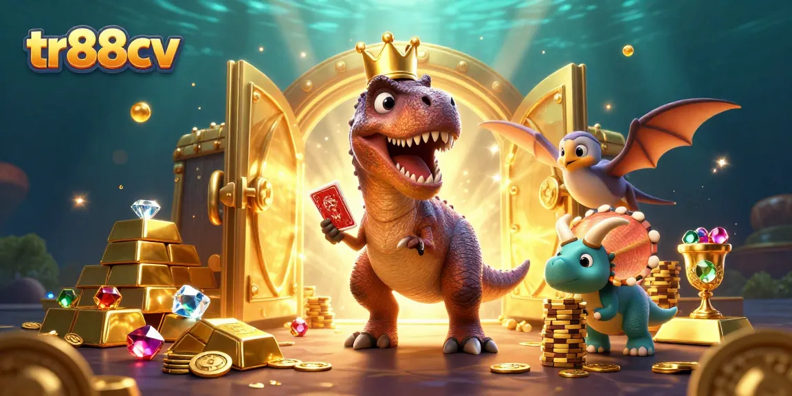 Experience the excitement of tr88cv with a whimsical scene of playful characters amid golden treasures and casino-themed elements.