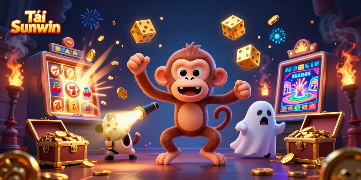 Tải Sunwin in a thrilling casino scene with a mischievous monkey and ghost-hunter puppy tracking magic.