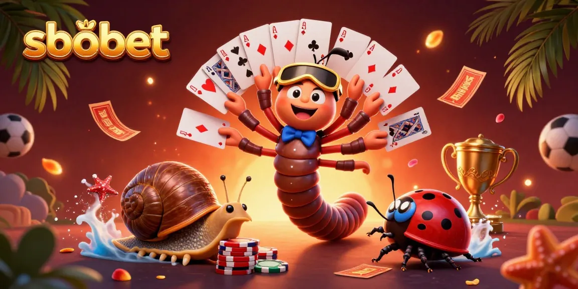 Bet on sbobet with a lively scene of a millipede dealer and a snail high-roller surrounded by sports betting elements.