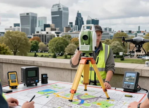 Land surveys london featuring a professional surveyor using advanced equipment in an urban setting with iconic London skyline.