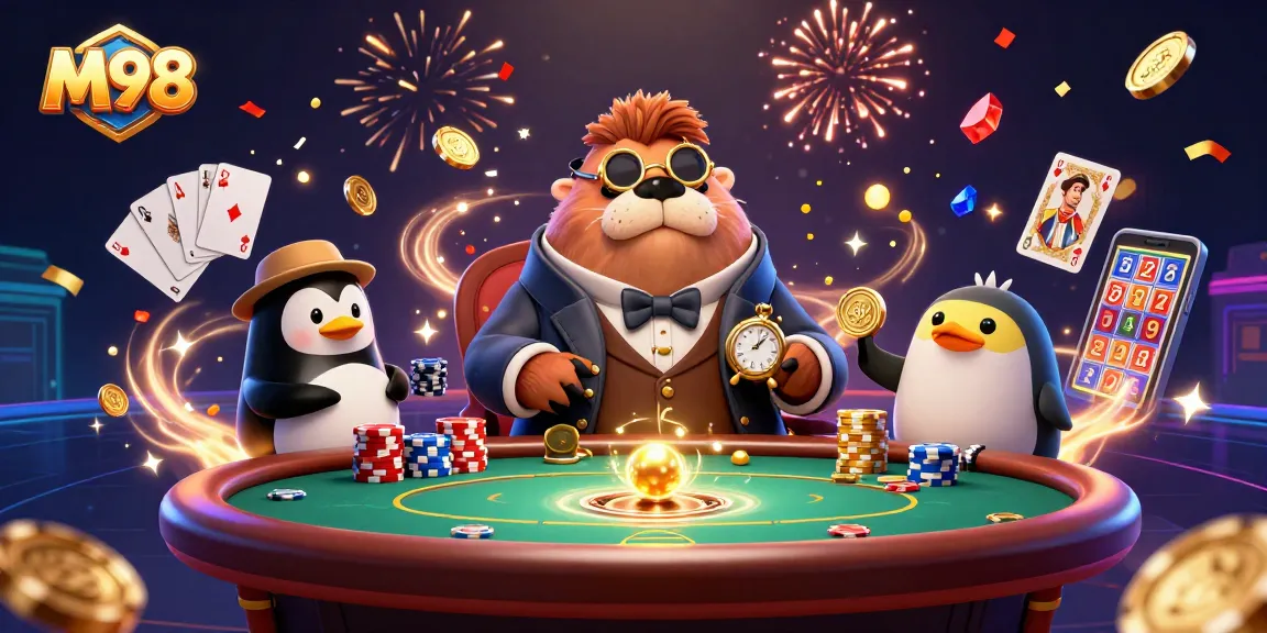 M98 showcases a lively underwater poker scene with characters, sparkling gems, and winning cards.