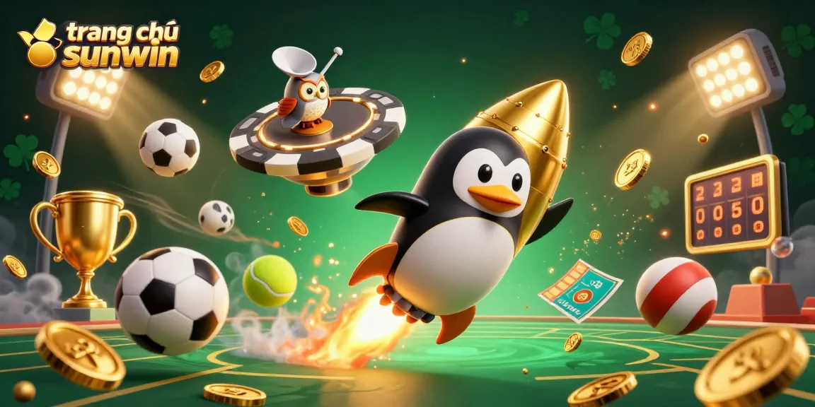 Experience exciting wins at trang chủ sunwin with dynamic 3D illustrations of golden penguins and casino elements.